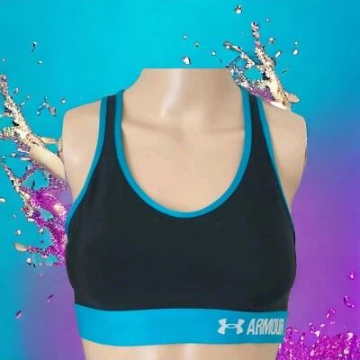 Under Armour Workout Sports Bra S Athletic Top Logo Black Aqua Yoga Stretch  - Image 1 of 4