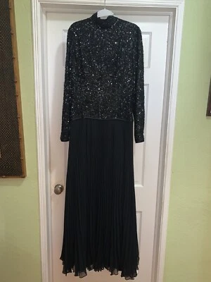 80s 90s Vintage Bob Mackie Gown Black Long Sleeve Beaded Sequin Dress Pleated 14 - Image 1 of 4