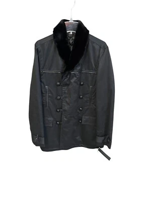 Abrigo de guisante de doble pecho Kenneth Cole para hombre cuello mediano de piel sintética negro SM1F8006 Foto 1 de 4