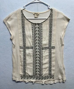 Lucky Brand Beige Short-Sleeve Embroidered Top Size Medium - Picture 1 of 6