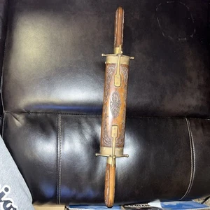 Vintage Indianer Tranchierset Messer & Gabel mit geschnitztem Holz und Messingscheide - Bild 1 von 20
