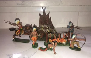 Elastolin Vintage Tipi, Lagerfeuer & (5) Vintage Indianer Figuren + Pferd Germany - Bild 1 von 13