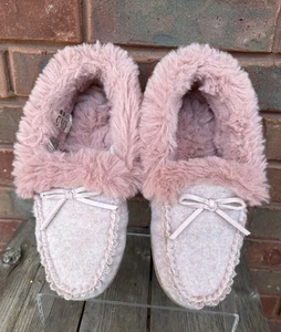 J Crew Factory heathered slippers pink cloud moccasin slippers Women’s Sz 7 Bow - Picture 1 of 12