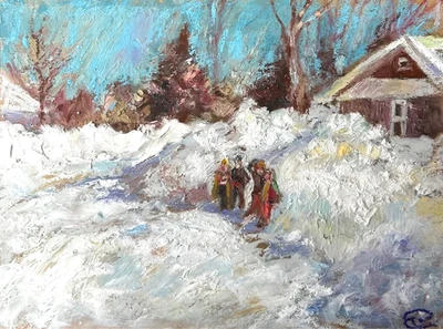 Arte de paisaje de invierno pintado a mano, niños en la nieve, pintura firmada de Navidad Foto 1 de 4