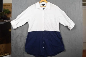 Ashley Stewart Shirt Damen 18 weiß marine Colorblock Knopfleiste Tunika Tasche - Bild 1 von 11