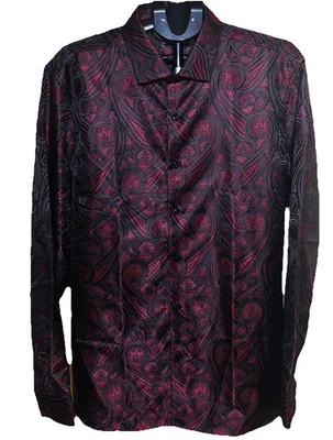 Barry Wang Shirt Mens 3XL Red Black Paisley Silk Blend Long Sleeve - Image 1 of 4