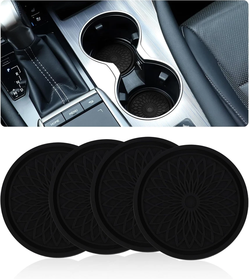 Paquete de 4 Portavasos Coche Negro, Universal Antideslizante, Posavasos Coche Bebidas PVC Suave Foto 1 de 4