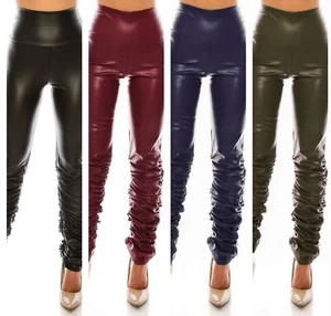 Faux Leather High Waist Ruched Pull On Pants Skinny Leggings Various Colors - Picture 1 of 15