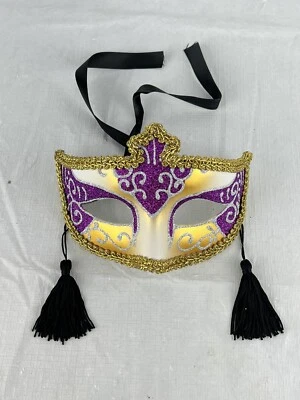 Glittery Half Mask Venetian Masquerade Costume Accessory Gold Purple Ties Tassel - Image 1 of 4