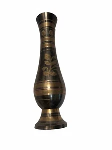 Vintage Black & Gold Floral Etched Metal Vase Made in India - Picture 1 of 4