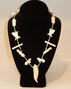 Vintage Zuni 30" Fetish Necklace, 15 Fetishes + Turquoise - Picture 1 of 22
