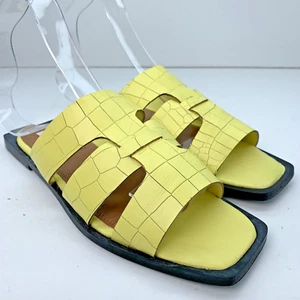 Asra Emilie Leather Slide Sandals by Anthropologie, Size EU 38, UK 5, Lemon - Picture 1 of 15