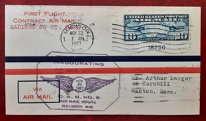 US 1927 10c Airmail First Flight CAM 9 Scarce w/ Plate Number WI to MASS. 5178 - Picture 1 of 2