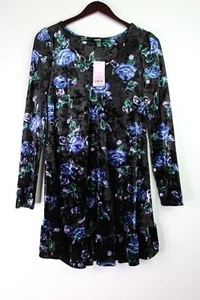 Women's Wild Fable Long Sleeve Velvet Drop Hem Dress Blue Floral Size Small - Picture 1 of 3