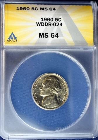 1960 Jefferson Nickel MS64 Uncirculated ANACS Error WDDR-024 Cover