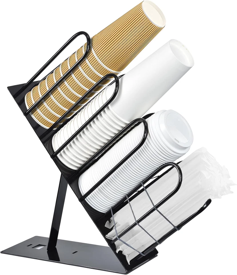 Dispensador de tazas de café, soporte de taza y tapa de metal ajustable de 4 compartimentos, café Foto 1 de 4