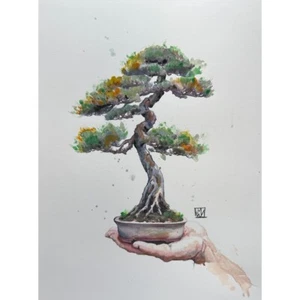 Original Mixed Media Watercolor Bonsai Tree Illustration Painting Art 11x14" - Picture 1 of 2