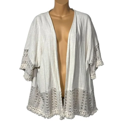 Cárdigan de lino Umgee talla grande crochet crema frente abierto playa mezcla Laganlook Foto 1 de 4