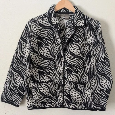 Chaqueta tapiz vintage Jane Ashley, pequeña, estampado blanco y negro, ambiente artístico de safari Foto 1 de 4