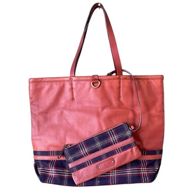 Brooks Brothers 2pc Tote & Wristlet Tan Leather Plaid Tartan Double Shoulder Bag - Image 1 of 4