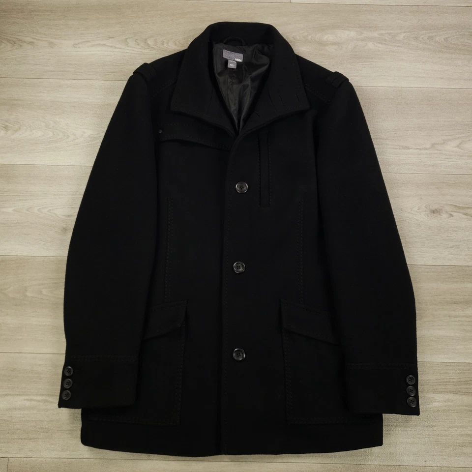 H&M Overcoat Men's Size 44R Black Wool Blend Button Up Pockets Lined Collared - Image 1 of 4