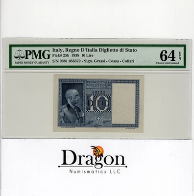 Italy,D`Italia Diglietto di Stato10 Lire 1938 P25b Choice Uncirculated64 PMG EPQ - Image 1 of 2