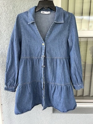Zara Snap Front V-neck Collared Cotton Chambray Denim Dress Size S - Image 1 of 4