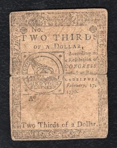CC-22 FEBRUARY 17, 1776 $2/3 TWO THIRDS DOLLAR “FUGIO” CONTINENTAL NOTE (C) - Picture 1 of 2