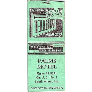 Palms Motel South Miami FL Vintage Streichholzschachtelhülle SF3-Y8 - Bild 1 von 2
