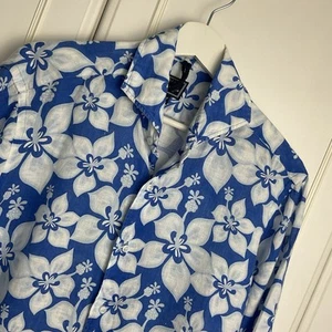 ORIAN Men's Hawaiian Shirt Medium 40" Slim Fit Cobalt Blue Floral Long Sleeves - Picture 1 of 9