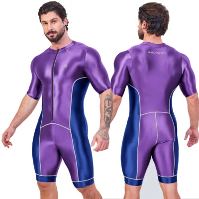 AMORESY Men's Tracksuits Jumpsuits Shiny Glossy Bodysuit Romper Overalls Suits - Image 1 of 4