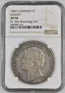 1859 F Germany Saxony 2 Thaler Taler Coin NGC AU 58, Dr Max Blaschegg Collection - Picture 1 of 2