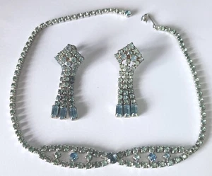 Vintage Silver-tone Necklace & Screwback Earrings w/ Light Blue Rhinestones - Picture 1 of 7