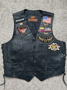 Leather V-Neck Sleeveless Snap Front Biker Vest Vintage Size Large With Patches - Picture 1 of 3