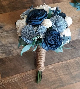 Dusty Blue Navy Sola Wood Bridal Bouquet Artificial Wedding Flowers Bridesmaid - Picture 1 of 3