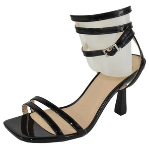 Delicious Women Heels Ankle Strap Open Toe Strappy Tie Leg Design OPAL Black Pat - Picture 1 of 3