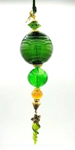 HAND BLOWN GLASS GREEN ORNAMENT 8" Gold Bead Accents Dragonfly - Picture 1 of 6