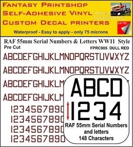 RC Vinyl Sticker Decals RAF LETTERS NUMBERS 55mm PRE CUT FPRC905 DULL RED - Picture 1 of 3