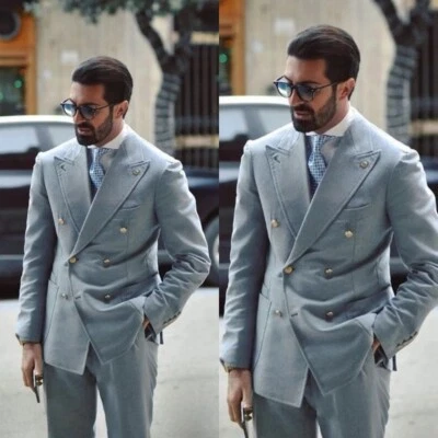 Suede Men Suits Formal Business Wedding Groom Double Breasted Tuxedo Blazer Pant - Image 1 of 4