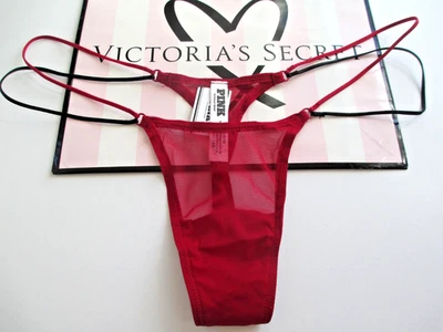 VICTORIA'S SECRET PINK Strappy Micro Thong Panty Red Lacquer Black Mesh S M L XL - Image 1 of 4