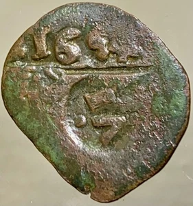 1654 Spanish Empire Coin Pirate Era Counterstamp Maravedis Countermark Genuine - Picture 1 of 9