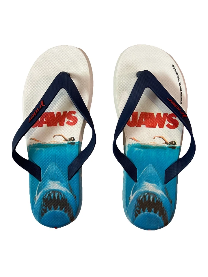 Filme de terror - Tubarão - Chinelos vintage tamanho 8 homens mulheres 9 filmes de tubarão marca Rider  - Imagem 1 de 4