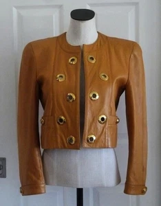 ESCADA Margaretha Ley Vtg 80s Camel Leather Mod Big Grommets Logo Crop Jacket 36 - Bild 1 von 23