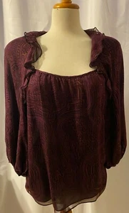 NANETTE LEPORE Negro Púrpura Estampado en Remolino Hoja Seda Blusa Camisa Top Talla 8 $148 - Imagen 1 de 5