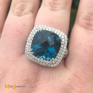 14K White Gold EFFY 12.30ct London Blue Topaz 1.20ctw Diamond Halo Cocktail Ring - Picture 1 of 15
