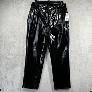 I.N.C. Women NEW Pant Sz 8 Black Faux Leather Straight Zipper Glossy Goth Witchy - Picture 1 of 15