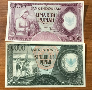 1958 Bank Indonesia 5000 Rupiah , 1964 Bank Indonesia 10000 Rupiah - Picture 1 of 2