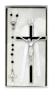First Communion Rosary and Wall Crucifix Set Black NEW! Boxed - Picture 1 of 1