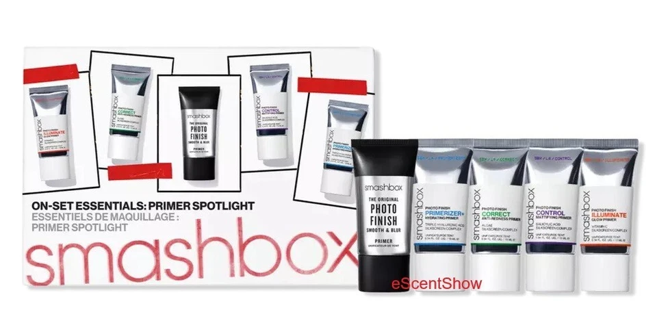 SMASHBOX ON SET ESSENTIALS PRIMER FOCO 5 PIEZAS FOTO ACABADO CONTROL BRILLO NUEVO EN CAJA Foto 1 de 1