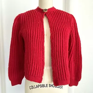 Vintage 50s 60s Red Wool Cropped Cardigan Sweater Single Button Chunky Knit S - Picture 1 of 4